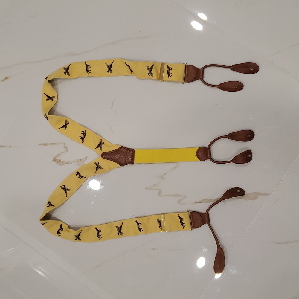 Vintage Rare L'aiglon France Yellow Suspenders with Dog & Bird Design